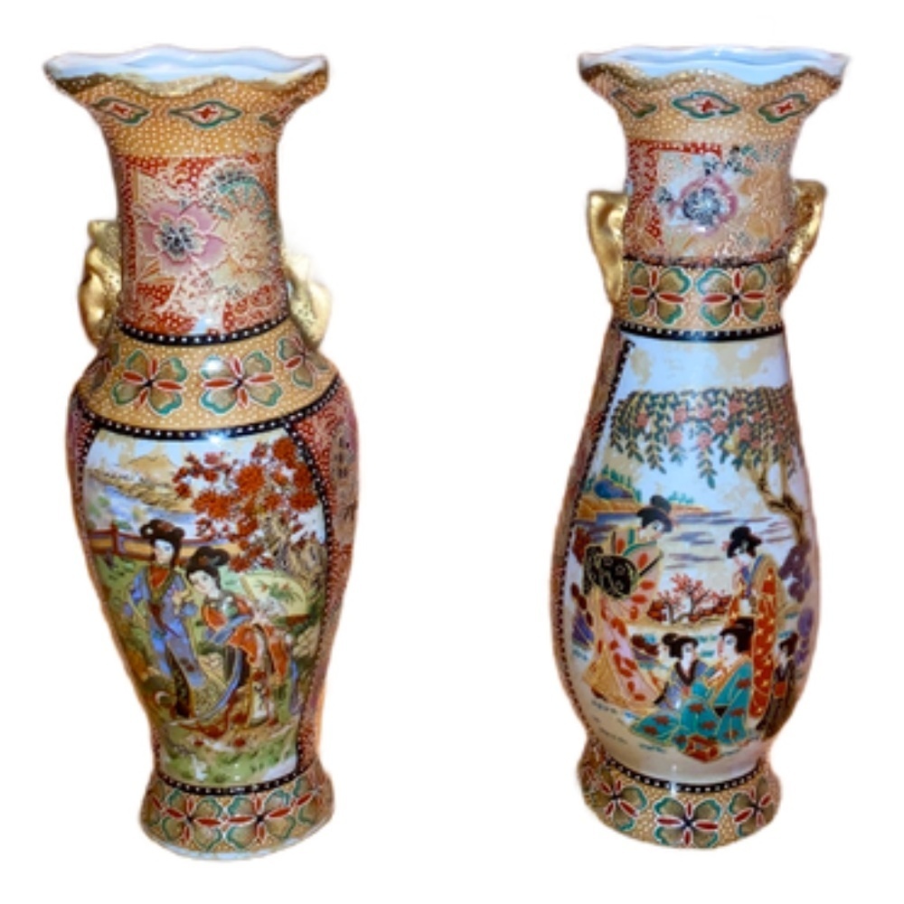 Vintage Fluted Neck Satsuma Vases - Set of 2​